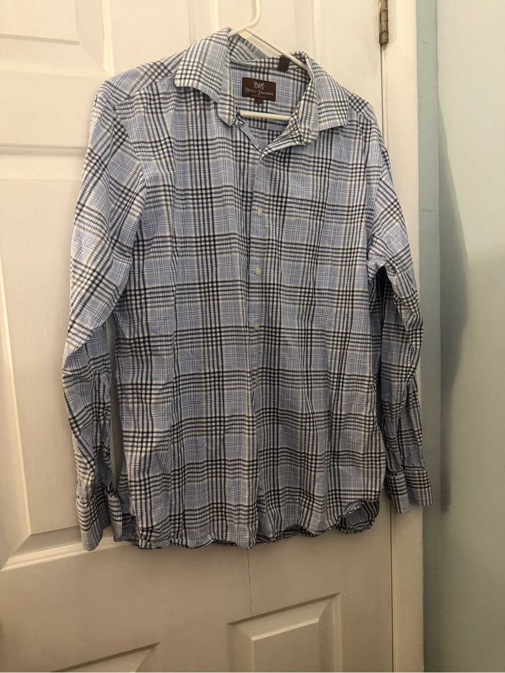 Hickey Freeman Men’s Large Blue Plaid 100% Cotton Long Sleeve Button Down Shirt